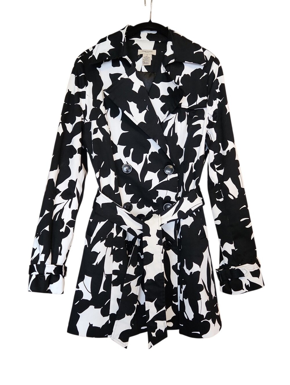 VERTIGO PARIS BLACK WHITE FLORAL TRENCH COAT SIZE SMALL COTTON BLEND JACKET